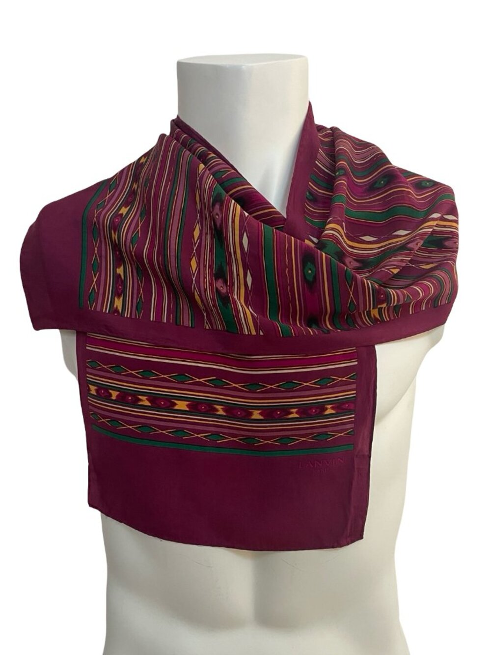 Lanvin Paris Silk Scarf 11x51 Burgundy Geometric Made in Japan 🇯🇵